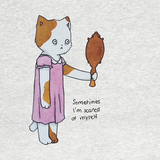 Sometimes I am scared of myself sad cat mirror illustration watercolor by maoudraw